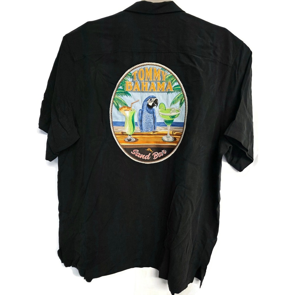 Tommy Bahama Shirt Mens LT Black Silk Sand Bar Parrot Hawaiian Embroidered Tall